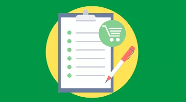 Abbildung eines Klemmbretts mit einer Checkliste und einem roten Stift. Neben dem Klemmbrett befindet sich ein grünes Einkaufswagensymbol. Der Hintergrund ist grün mit einem gelben Kreis hinter dem Klemmbrett.