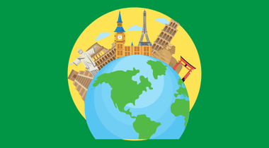 Illustration berühmter Sehenswürdigkeiten, die einen Globus umgeben, darunter der Eiffelturm, Big Ben, der Schiefe Turm von Pisa, die Christusstatue und das Torii-Tor, vor einem grünen Hintergrund mit einem gelben Kreis.