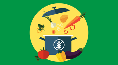 Eine farbenfrohe Illustration eines Kochtopfs mit Deckel, umgeben von Gemüse, darunter Karotten, eine Zwiebel, eine Tomate, eine Aubergine und Paprika. Der Topf hat ein Weizensymbol, alles vor einem grünen Hintergrund mit einem gelben Kreis.