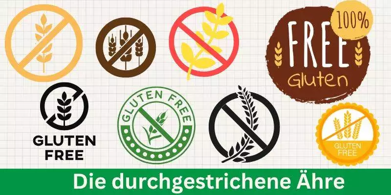 Es werden verschiedene glutenfreie Symbole mit durchgestrichenen Getreide- und Weizensymbolen angezeigt. Im Hintergrund befindet sich ein Abschnitt mit dem deutschen Text „Die durchgestrichene Ähre“, der subtil die Frage aufwirft: „Was ist Gluten?“, um die Neugier auf seine Auswirkungen zu wecken.